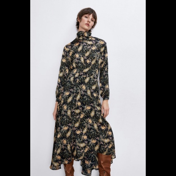Zara Dresses & Skirts - Zara Sz Large Floral Print Long Sleeve Midi Dress